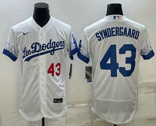 Mens Los Angeles Dodgers #43 Noah Syndergaard Number White 2022 City Connect Flex Base Stitched Jersey